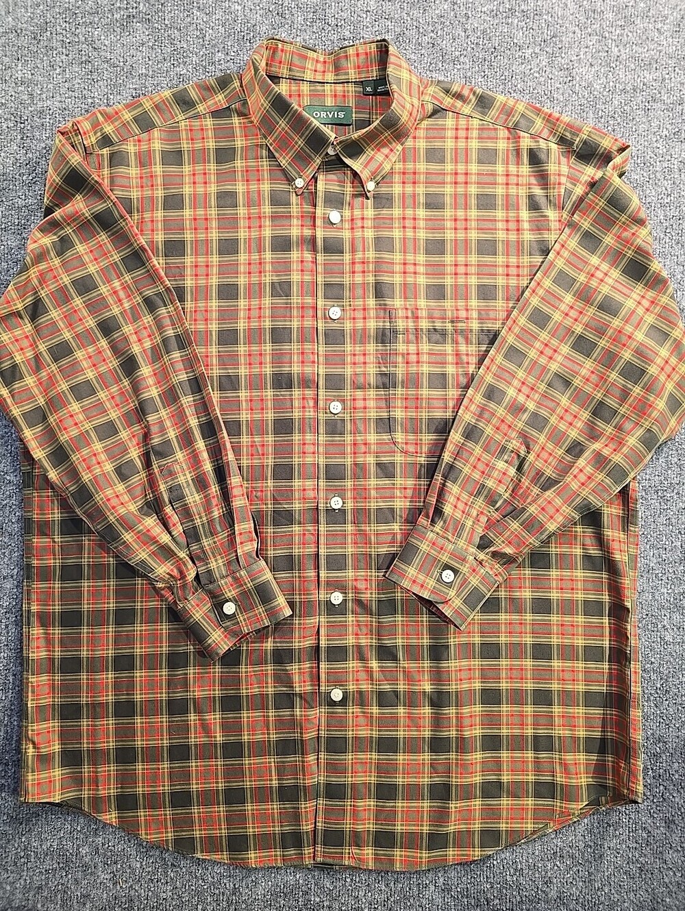 Orvis Mens Plaid Cotton Long Sleeve Button Down Casual Size XL Green Yellow Red